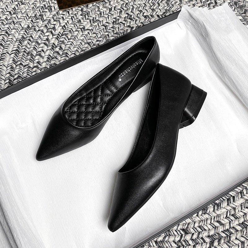 Chaussures élégantes en cuir noir à talon bas épais, semelle souple, bout pointu, parfaites pour le travail - IVOIRART.COM