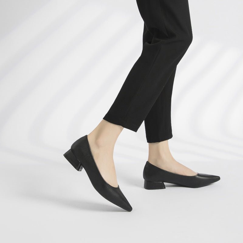 Chaussures élégantes en cuir noir à talon bas épais, semelle souple, bout pointu, parfaites pour le travail - IVOIRART.COM