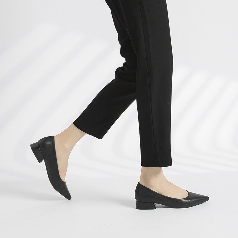 Chaussures élégantes en cuir noir à talon bas épais, semelle souple, bout pointu, parfaites pour le travail - IVOIRART.COM