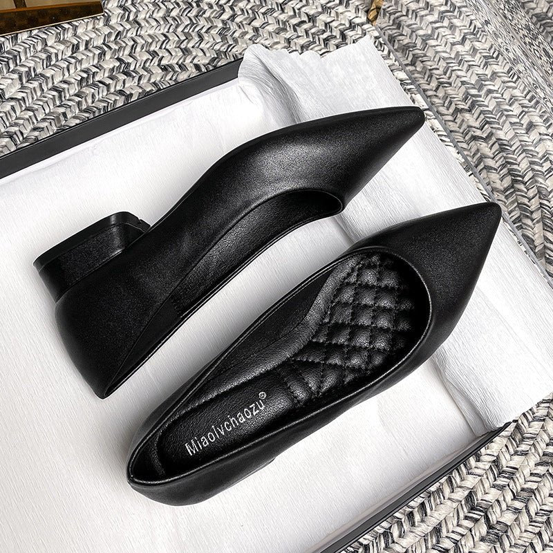Chaussures élégantes en cuir noir à talon bas épais, semelle souple, bout pointu, parfaites pour le travail - IVOIRART.COM