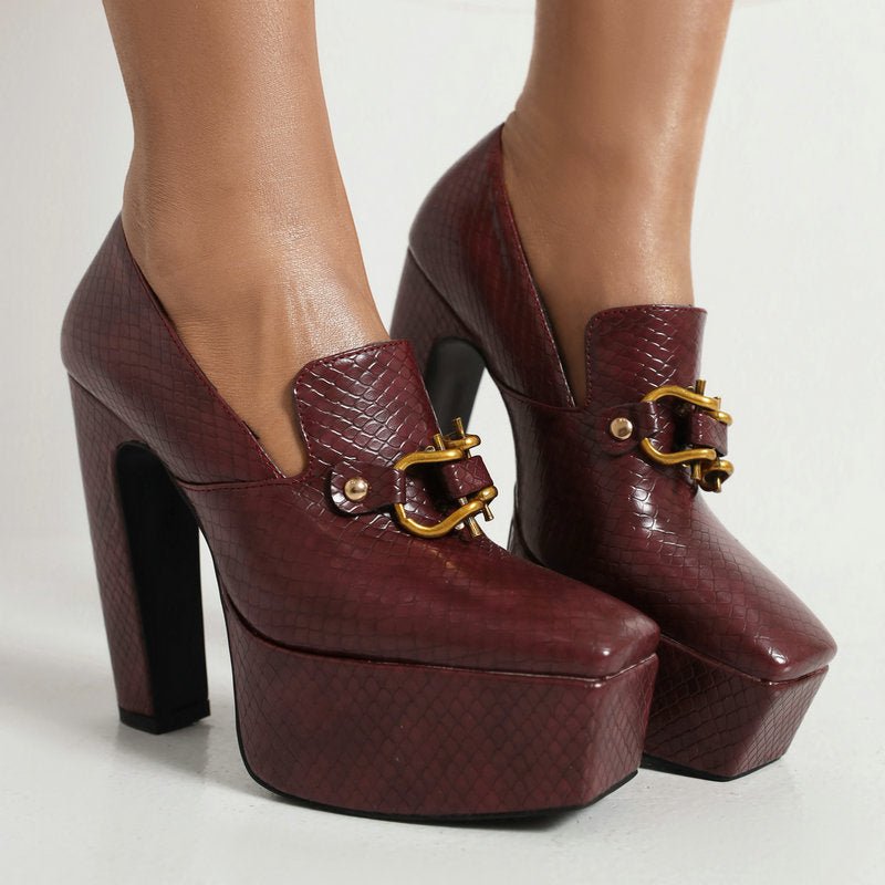 Chaussures femme à talon bloc imprimé serpent, bout carré et talon épais - IVOIRART.COM