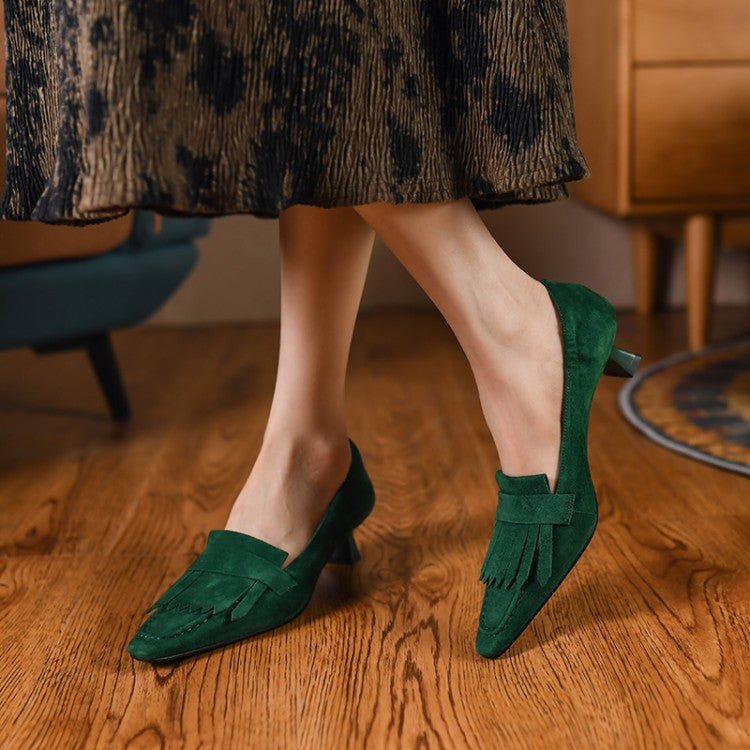 Chaussures femme à talons épais rétro, bouts carrés petits, avec pampilles - IVOIRART.COM