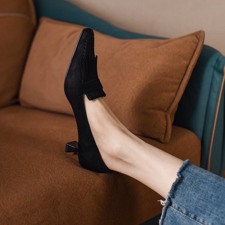 Chaussures femme à talons épais rétro, bouts carrés petits, avec pampilles - IVOIRART.COM
