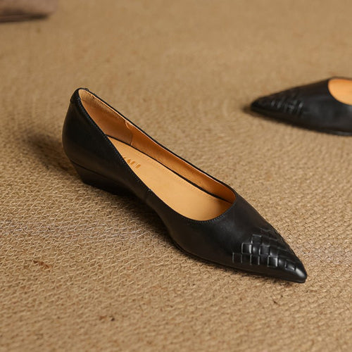 Chaussures femme quatre saisons en cuir tressé style vintage bout pointu slipon - IVOIRART.COM