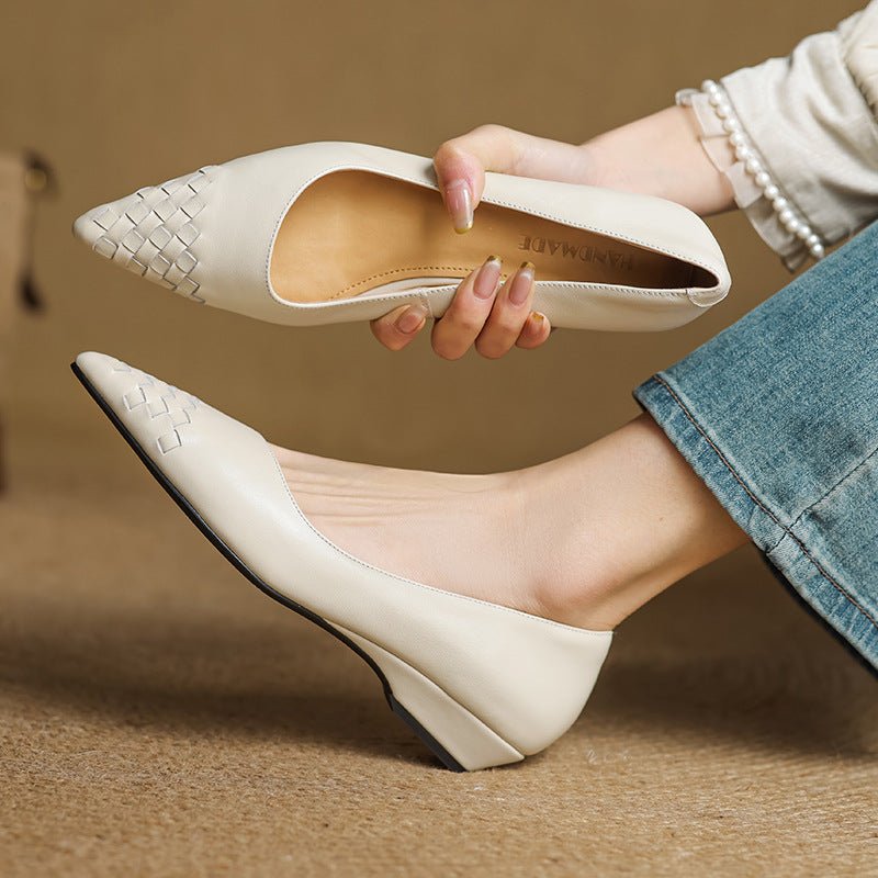 Chaussures femme quatre saisons en cuir tressé style vintage bout pointu slipon - IVOIRART.COM