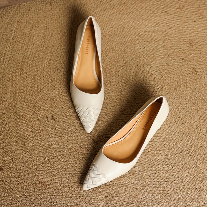 Chaussures femme quatre saisons en cuir tressé style vintage bout pointu slipon - IVOIRART.COM