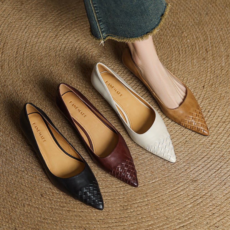 Chaussures femme quatre saisons en cuir tressé style vintage bout pointu slipon - IVOIRART.COM