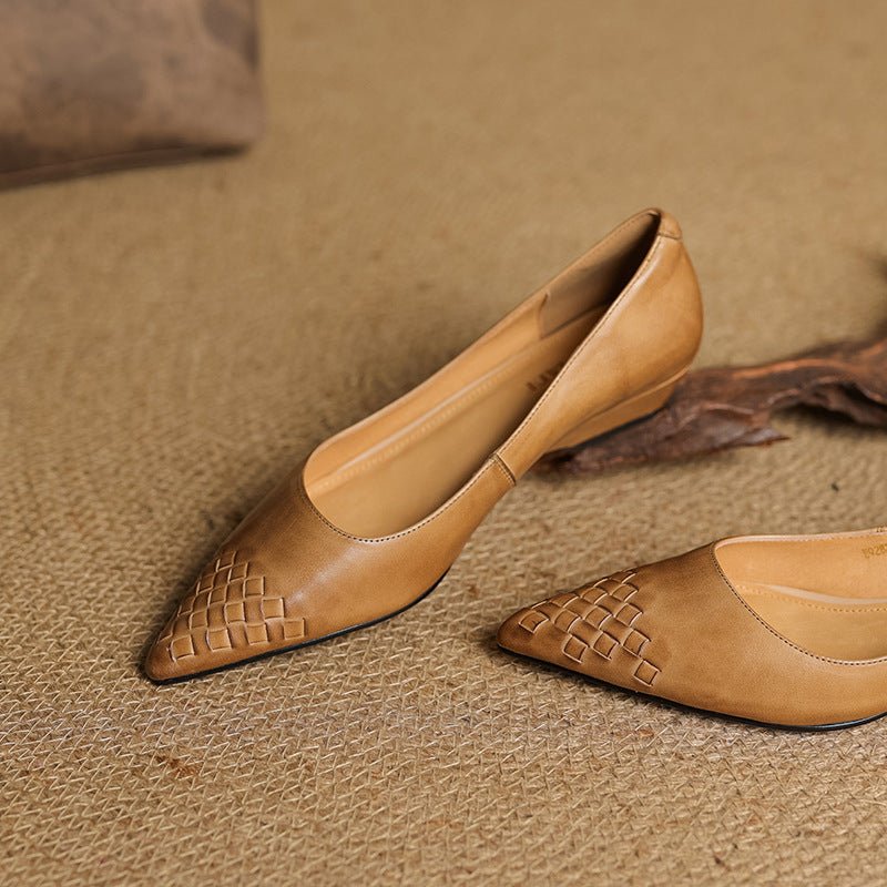 Chaussures femme quatre saisons en cuir tressé style vintage bout pointu slipon - IVOIRART.COM