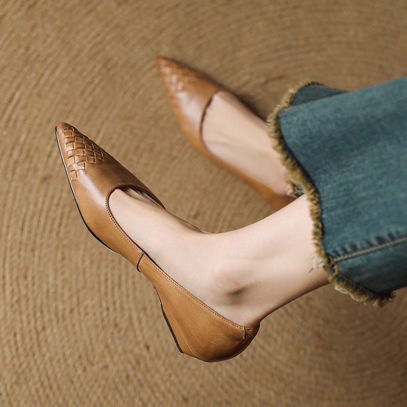 Chaussures femme quatre saisons en cuir tressé style vintage bout pointu slipon - IVOIRART.COM