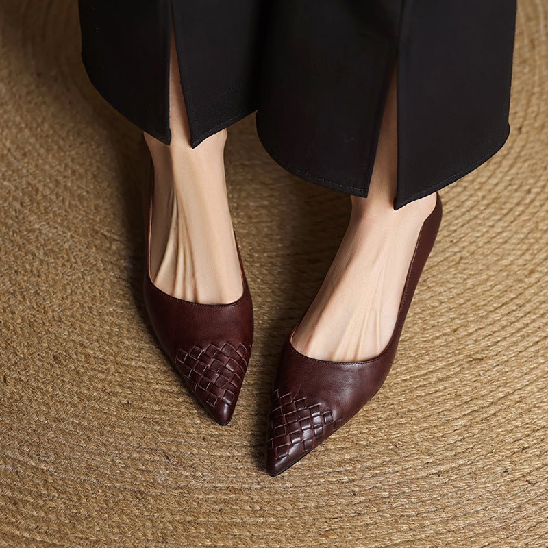 Chaussures femme quatre saisons en cuir tressé style vintage bout pointu slipon - IVOIRART.COM
