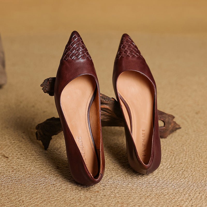 Chaussures femme quatre saisons en cuir tressé style vintage bout pointu slipon - IVOIRART.COM