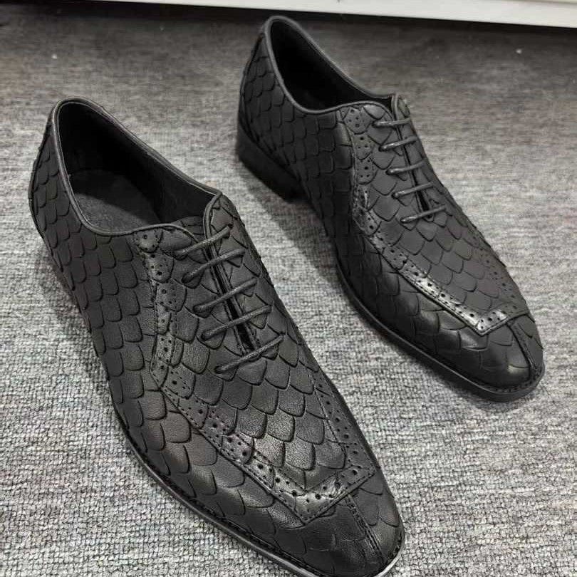 Chaussures homme cuir formelles motif écaille de dragon style British derby Noir - IVOIRART.COM
