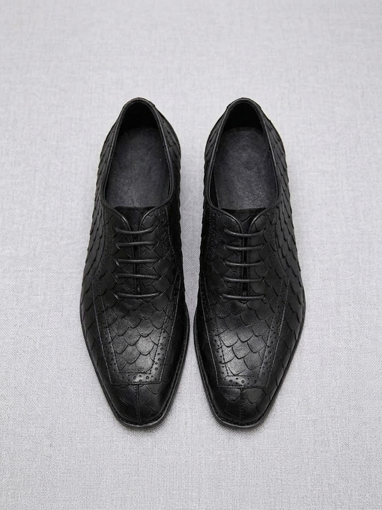 Chaussures homme cuir formelles motif écaille de dragon style British derby Noir - IVOIRART.COM