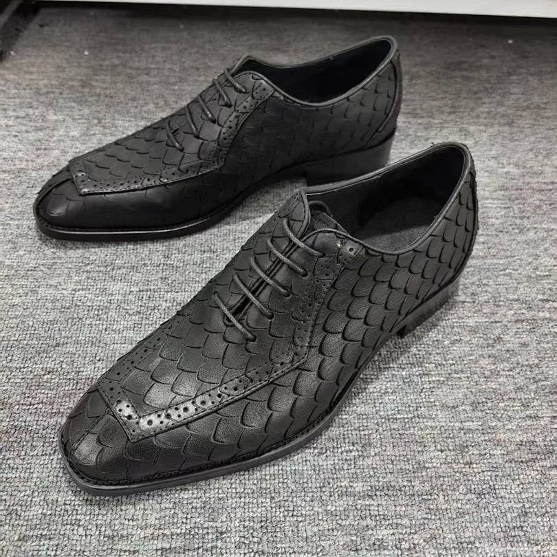 Chaussures homme cuir formelles motif écaille de dragon style British derby Noir - IVOIRART.COM