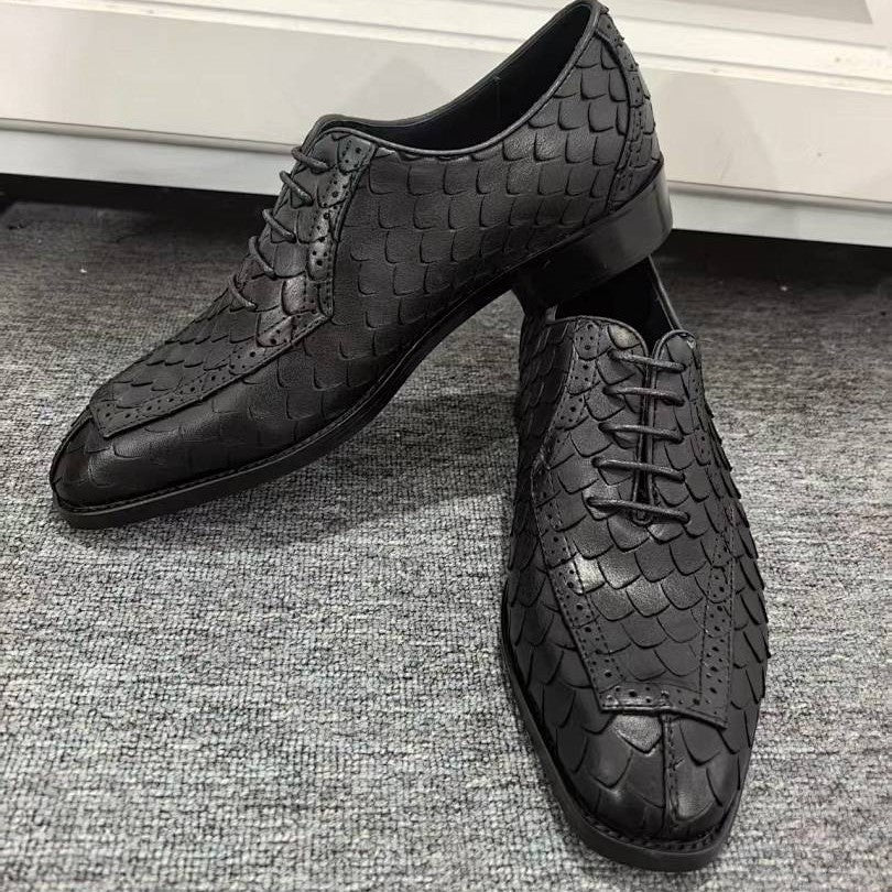 Chaussures homme cuir formelles motif écaille de dragon style British derby Noir - IVOIRART.COM
