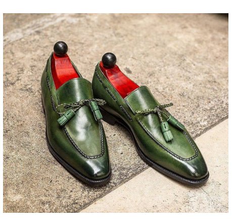 Chaussures homme vertes à pompons, en PU, bout rond de style britannique - IVOIRART.COM