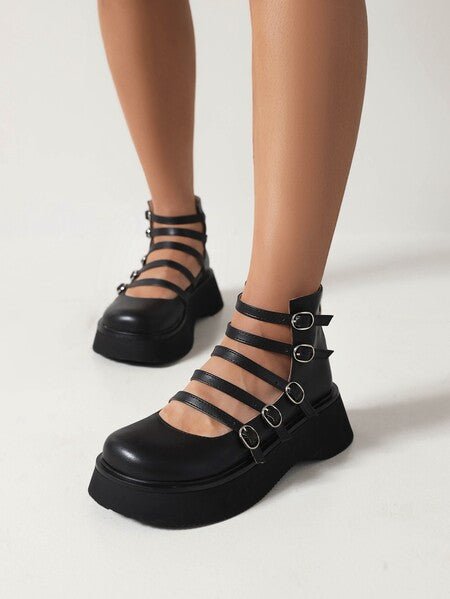 Chaussures montantes pour femmes avec boucle de ceinture en cuir évidée épaisse - IVOIRART.COM