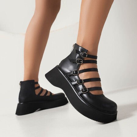 Chaussures montantes pour femmes avec boucle de ceinture en cuir évidée épaisse - IVOIRART.COM