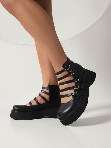 Chaussures montantes pour femmes avec boucle de ceinture en cuir évidée épaisse - IVOIRART.COM