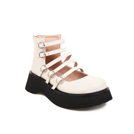 Chaussures montantes pour femmes avec boucle de ceinture en cuir évidée épaisse - IVOIRART.COM