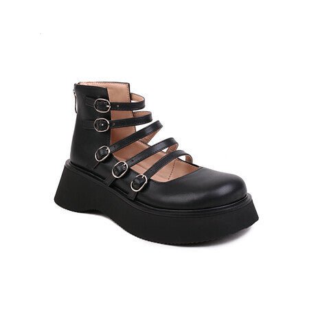 Chaussures montantes pour femmes avec boucle de ceinture en cuir évidée épaisse - IVOIRART.COM