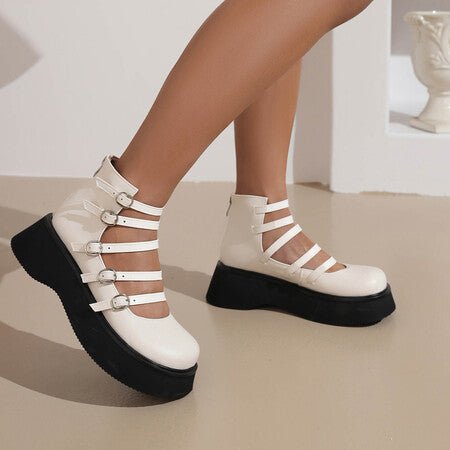 Chaussures montantes pour femmes avec boucle de ceinture en cuir évidée épaisse - IVOIRART.COM