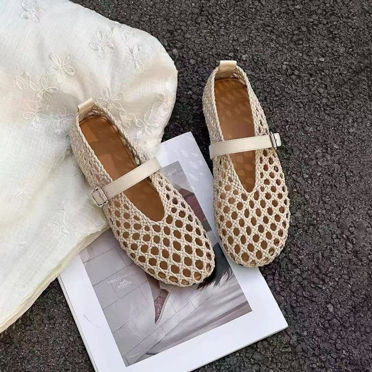 Chaussures plates confortables rétro en tissage aéré creux, style authentique - IVOIRART.COM