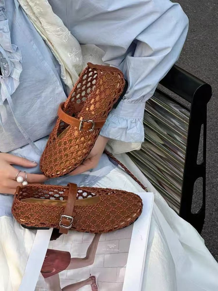 Chaussures plates confortables rétro en tissage aéré creux, style authentique - IVOIRART.COM