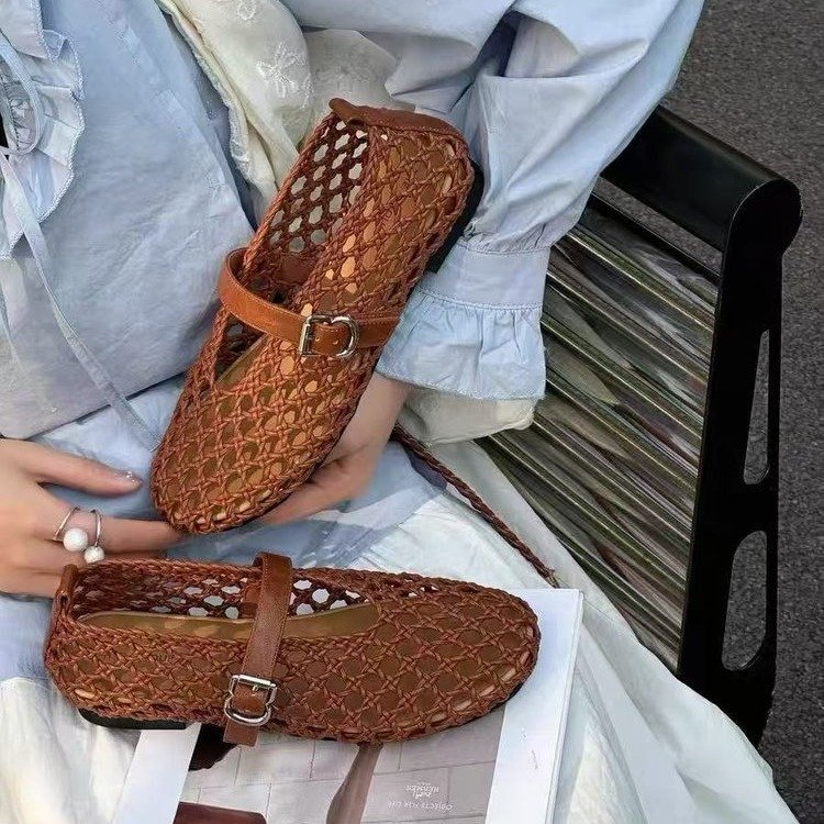 Chaussures plates confortables rétro en tissage aéré creux, style authentique - IVOIRART.COM