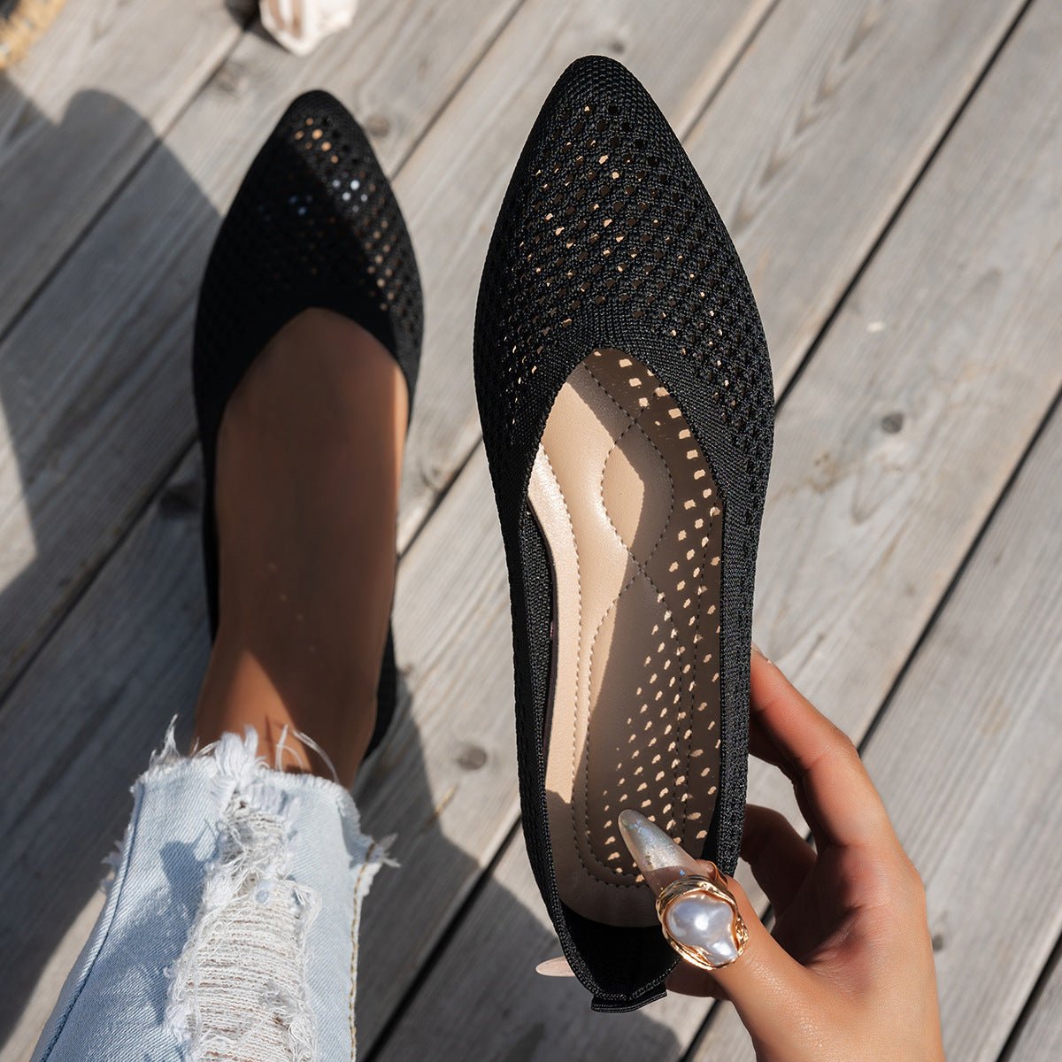 Chaussures plates pointues unies pour femmes en tissu Flyknit casual à enfiler - IVOIRART.COM