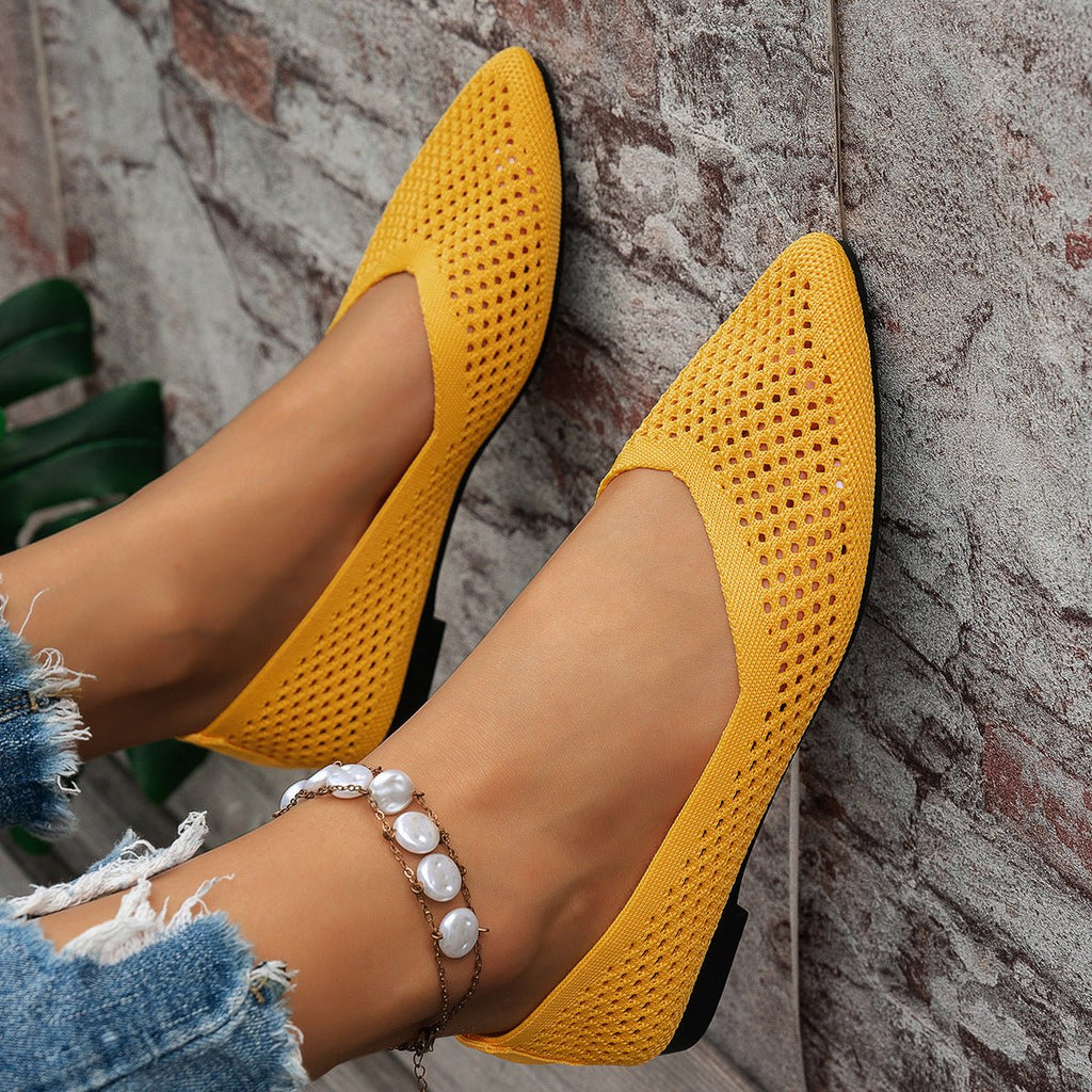 Chaussures plates pointues unies pour femmes en tissu Flyknit casual à enfiler - IVOIRART.COM