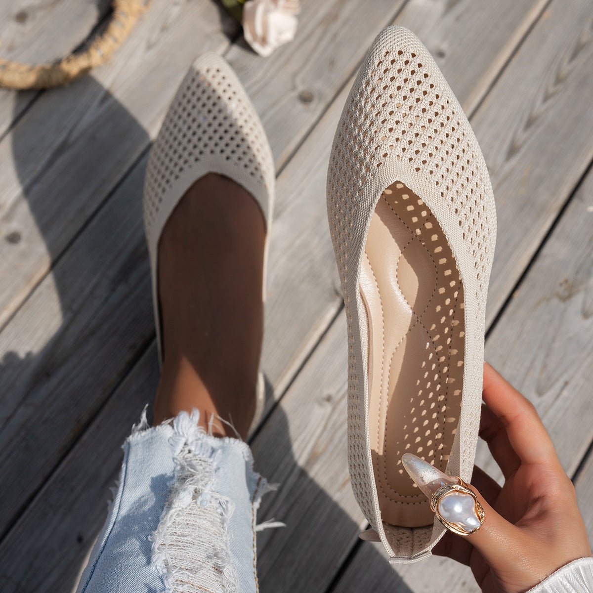 Chaussures plates pointues unies pour femmes en tissu Flyknit casual à enfiler - IVOIRART.COM