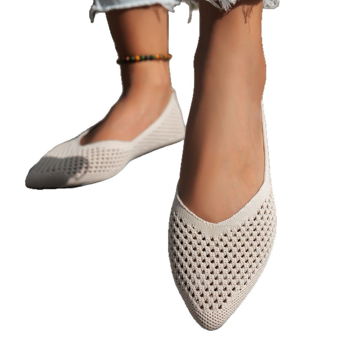 Chaussures plates pointues unies pour femmes en tissu Flyknit casual à enfiler - IVOIRART.COM