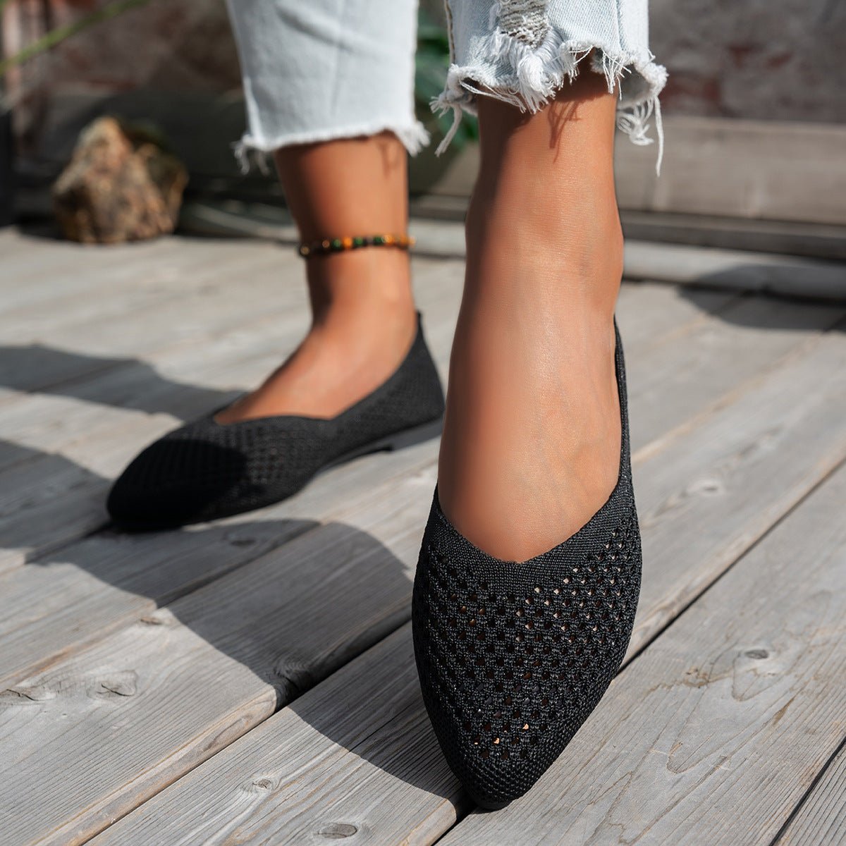 Chaussures plates pointues unies pour femmes en tissu Flyknit casual à enfiler - IVOIRART.COM