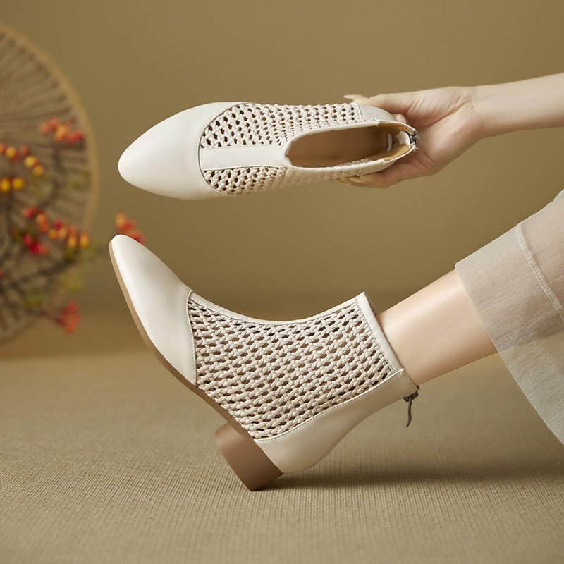 Chaussures pour femme rétro en cuir vachette, talon bas, zip arrière, élégantes! - IVOIRART.COM
