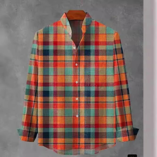 Chemise à Manches Longues Homme, Col Montant, Motif à Carreaux, Style Décontracté - IVOIRART.COM