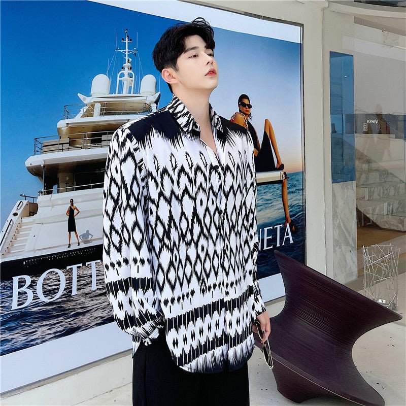 Chemise décontractée à motif géométrique contrasté noir et blanc, style moderne et ample - IVOIRART.COM