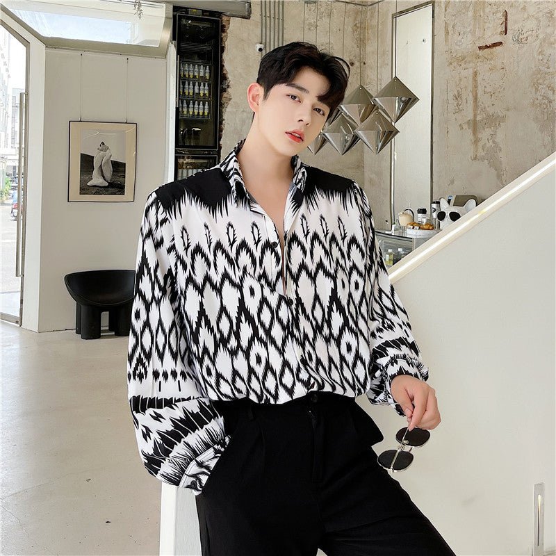 Chemise décontractée à motif géométrique contrasté noir et blanc, style moderne et ample - IVOIRART.COM