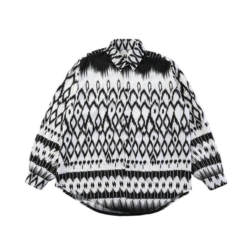 Chemise décontractée à motif géométrique contrasté noir et blanc, style moderne et ample - IVOIRART.COM