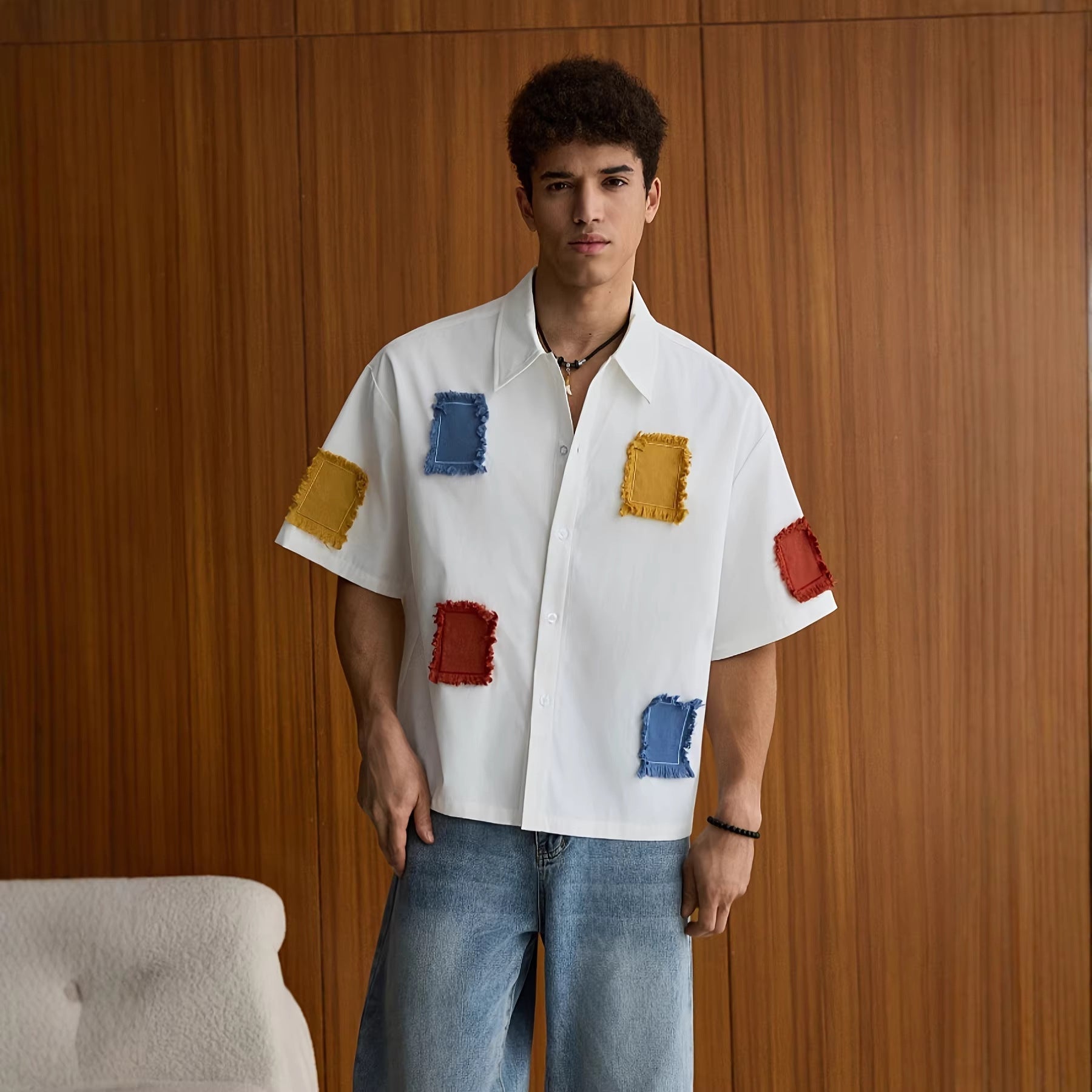 Chemise décontractée pour homme à manches courtes avec contraste de couleurs - IVOIRART.COM
