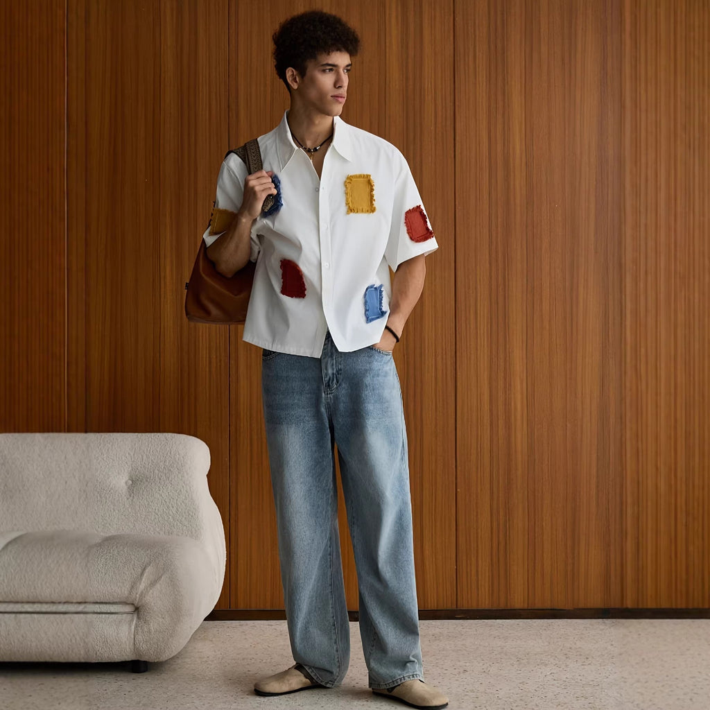 Chemise décontractée pour homme à manches courtes avec contraste de couleurs - IVOIRART.COM
