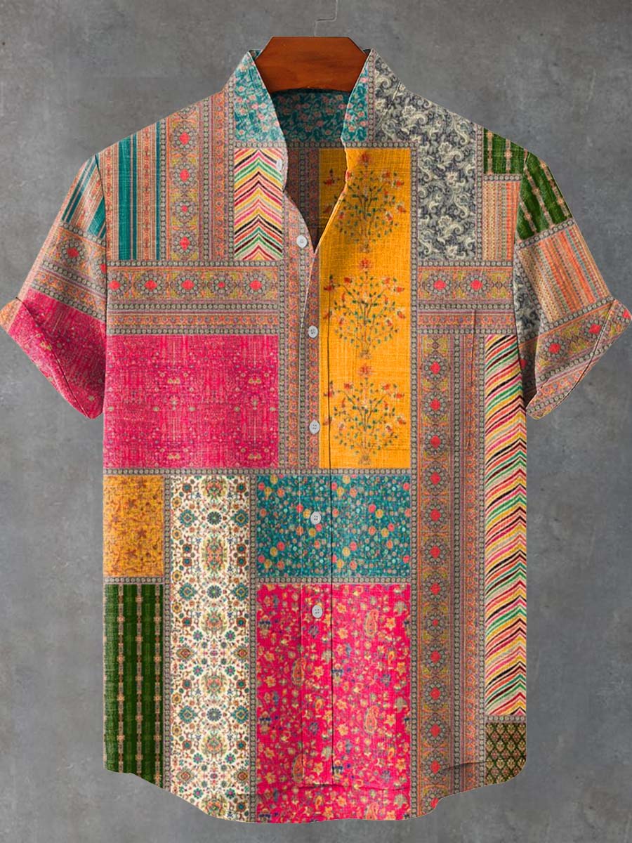 Chemise décontractée pour homme à manches courtes avec motif patchwork relax - IVOIRART.COM