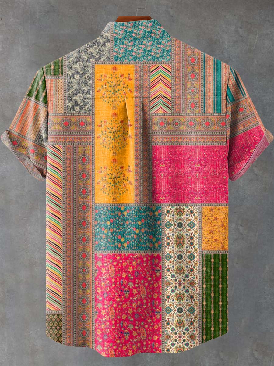 Chemise décontractée pour homme à manches courtes avec motif patchwork relax - IVOIRART.COM