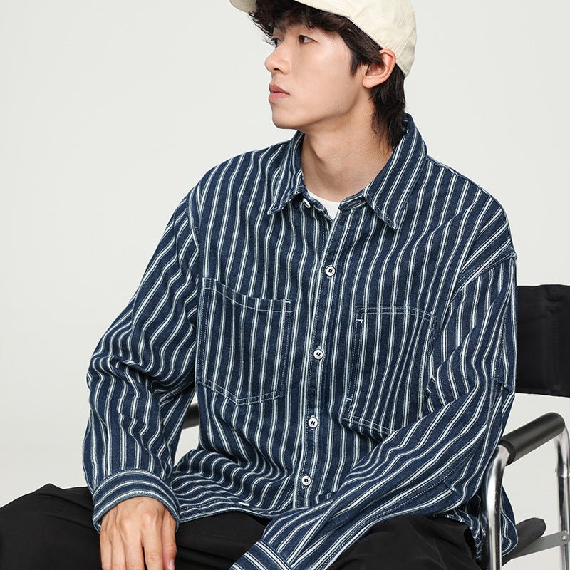 Chemise en jean rayée délavée à manches longues style rétro ample unisexe - IVOIRART.COM