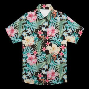 Chemise Hawaïenne Noire à Imprimé Aquarelle Hibiscus et Monstera - IVOIRART.COM