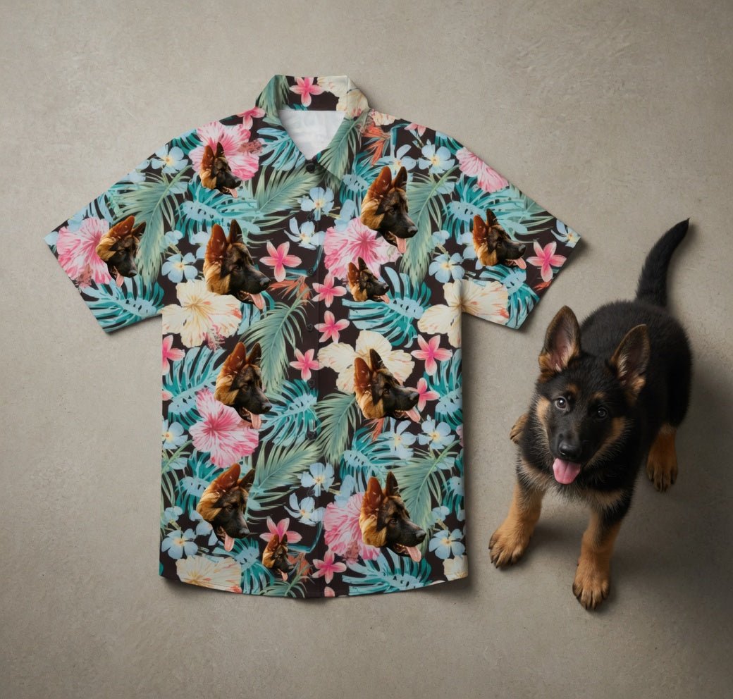 Chemise Hawaïenne Noire à Imprimé Aquarelle Hibiscus et Monstera - IVOIRART.COM