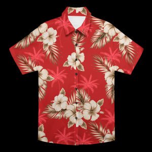 Chemise hawaïenne rouge avec imprimé palmier hibiscus, manches courtes en polyester - IVOIRART.COM