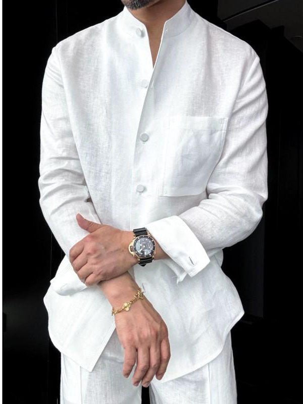 Chemise homme à manches longues avec col mandarin en lin léger blanc éclatant - IVOIRART.COM