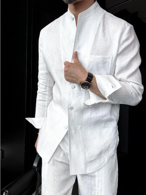 Chemise homme à manches longues avec col mandarin en lin léger blanc éclatant - IVOIRART.COM