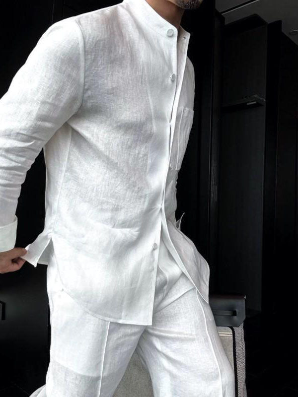 Chemise homme à manches longues avec col mandarin en lin léger blanc éclatant - IVOIRART.COM